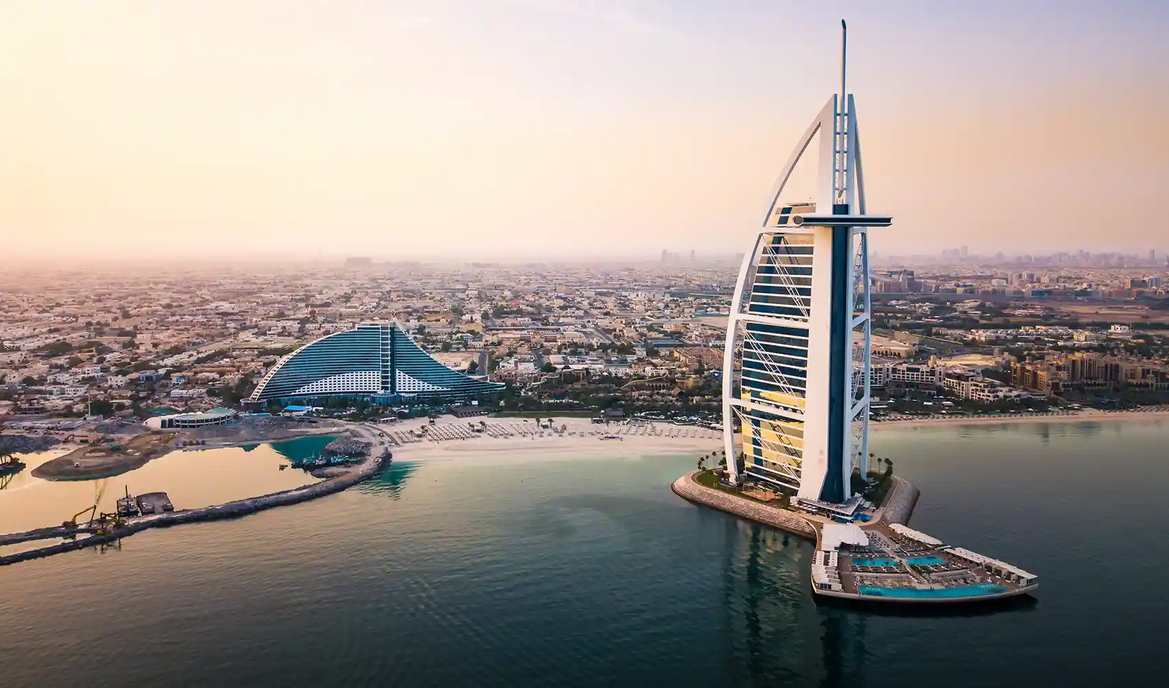 The Burj Al Arab hotel in Dubai, UAE, standing on its own artificial island