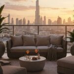 Dubai apartment balcony with lush greenery and sunset skyline view.