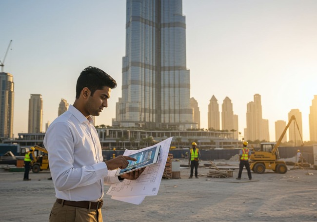 Agent with AI-powered tablet at Dubai property development.