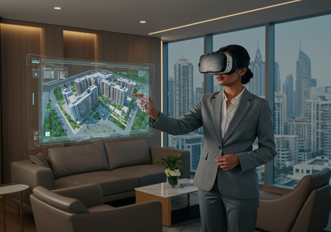 Investor exploring Dubai apartment VR floorplan with AI.