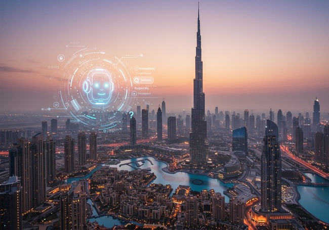 Chatbot icon over Dubai skyline, symbolizing 24/7 property support.