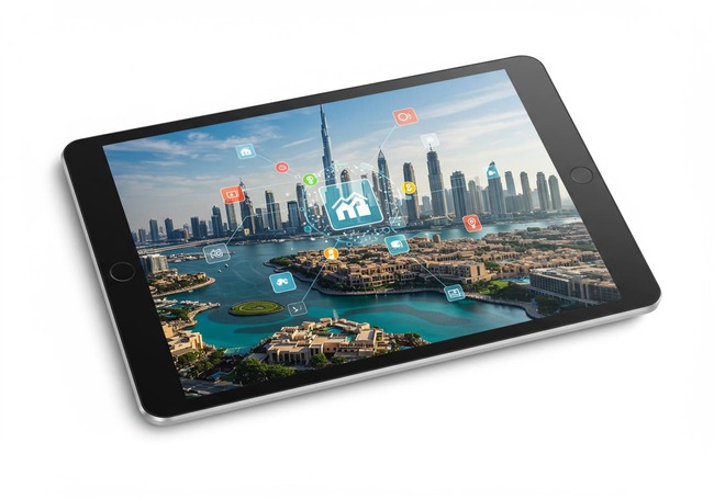 Tablet showing Dubai skyline with real estate icons and AI symbols in a clean digital layout.